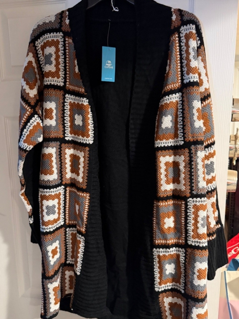 CupShe Open-Front Crochet Patchwork Cardigan Sweater - Black/Cream/Brown/Gray